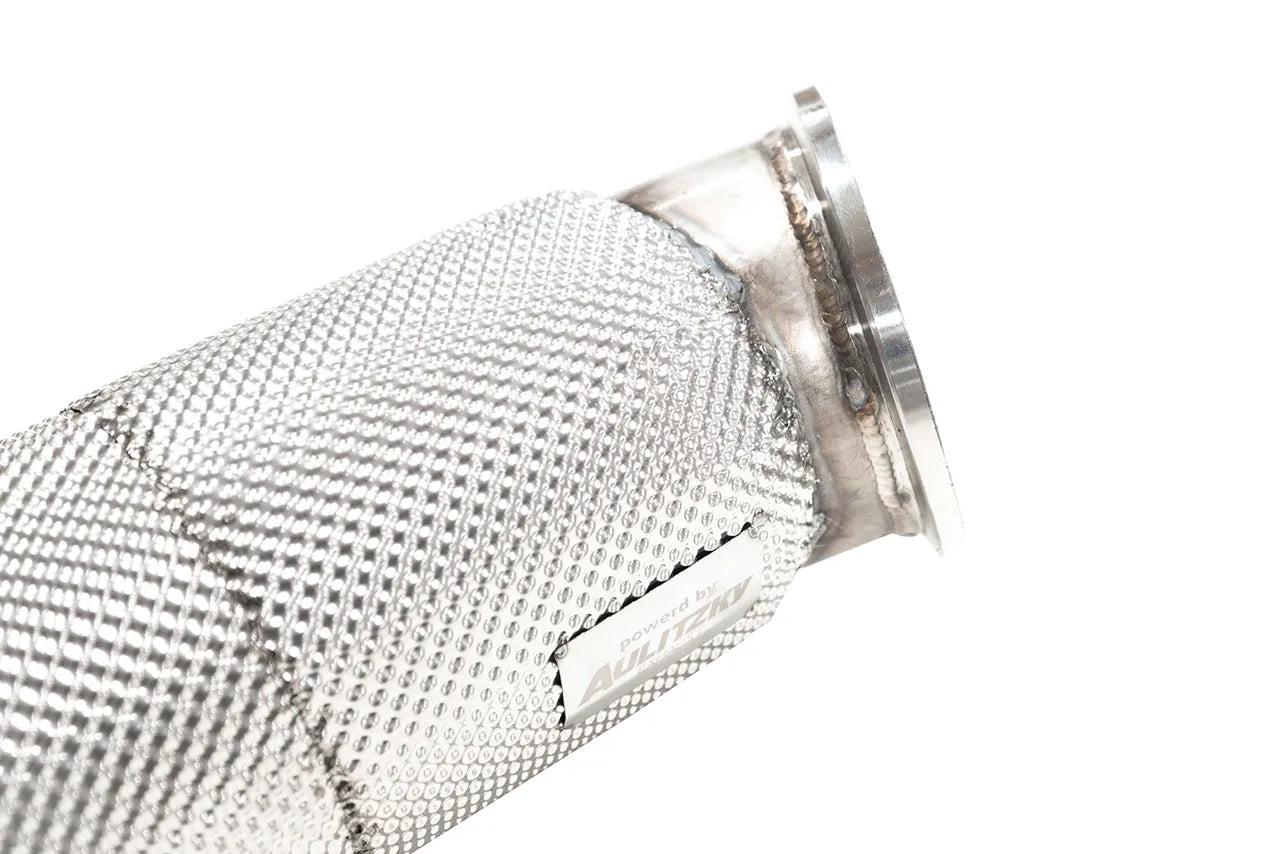 Aulitzky BMW M2 F87 N55 Sport-Downpipe mit ECE-Zulassung und Sportkat, aus Edelstahl, mit sichtbaren Anschlüssen und Bauteilen