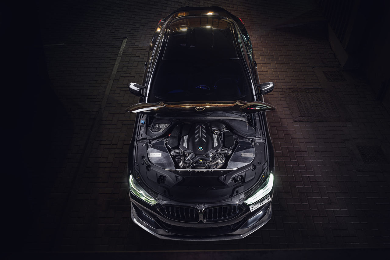 Aulitzky Blackboost Kaltluftansaugsystem für BMW M850i G15, schwarzes Ansaugsystem mit hochwertigen Komponenten, Blick auf den Luftfilter