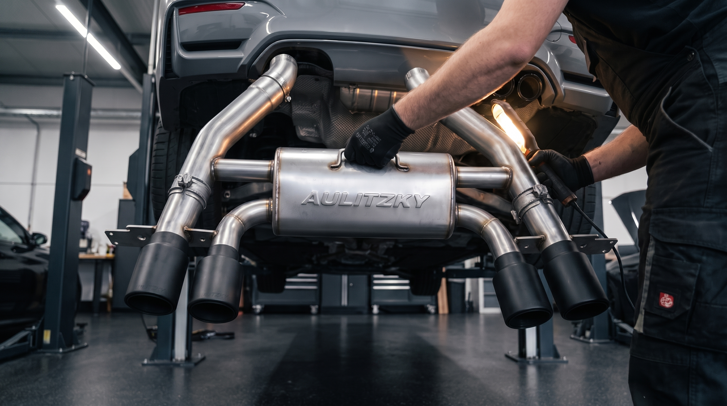 Mechaniker hebt die Aulitzky Abgasanlage unter einen BMW M4 auf der Hebebuehne