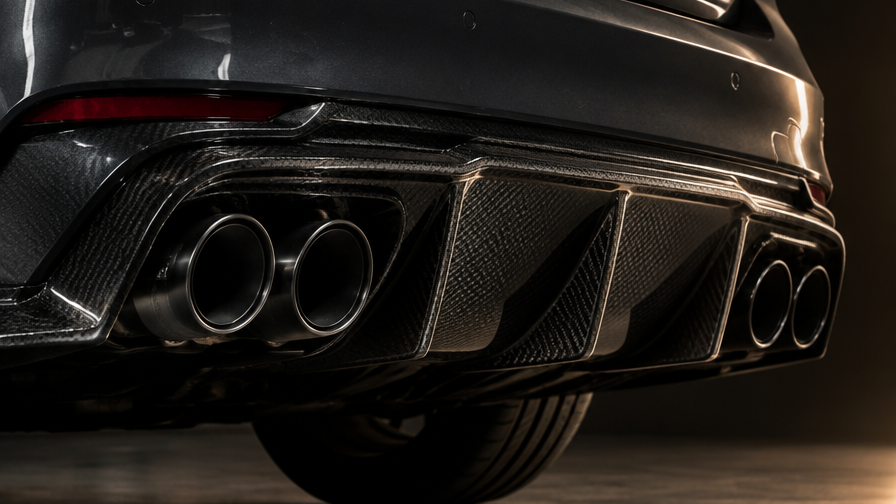 Carbon Heckdiffusor in Sichtcarbon an einem grauen Sportwagen