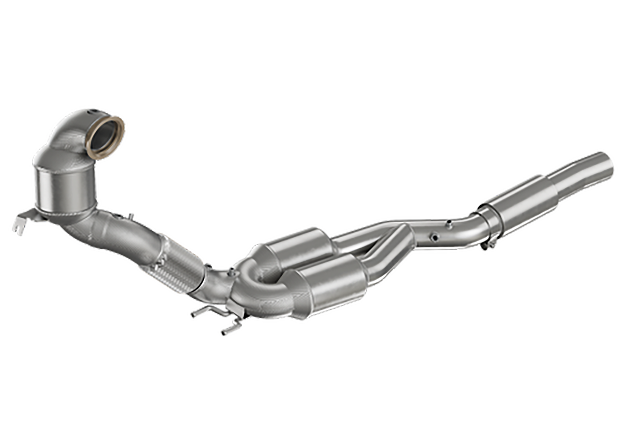 Aulitzky ECE Downpipe mit Sport-Kat für VW Golf 8 R und Audi S3 8Y, EA888 Gen.4 AWD, aus Edelstahl, sichtbar im Bild